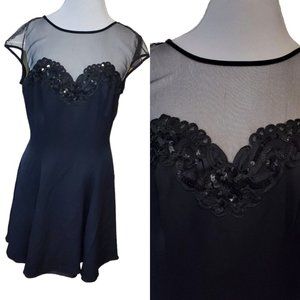 Vintage 90s Black‎ Sparkly Sequins Mesh Fit N Flare Formal Dress LBD NWT Sz 14